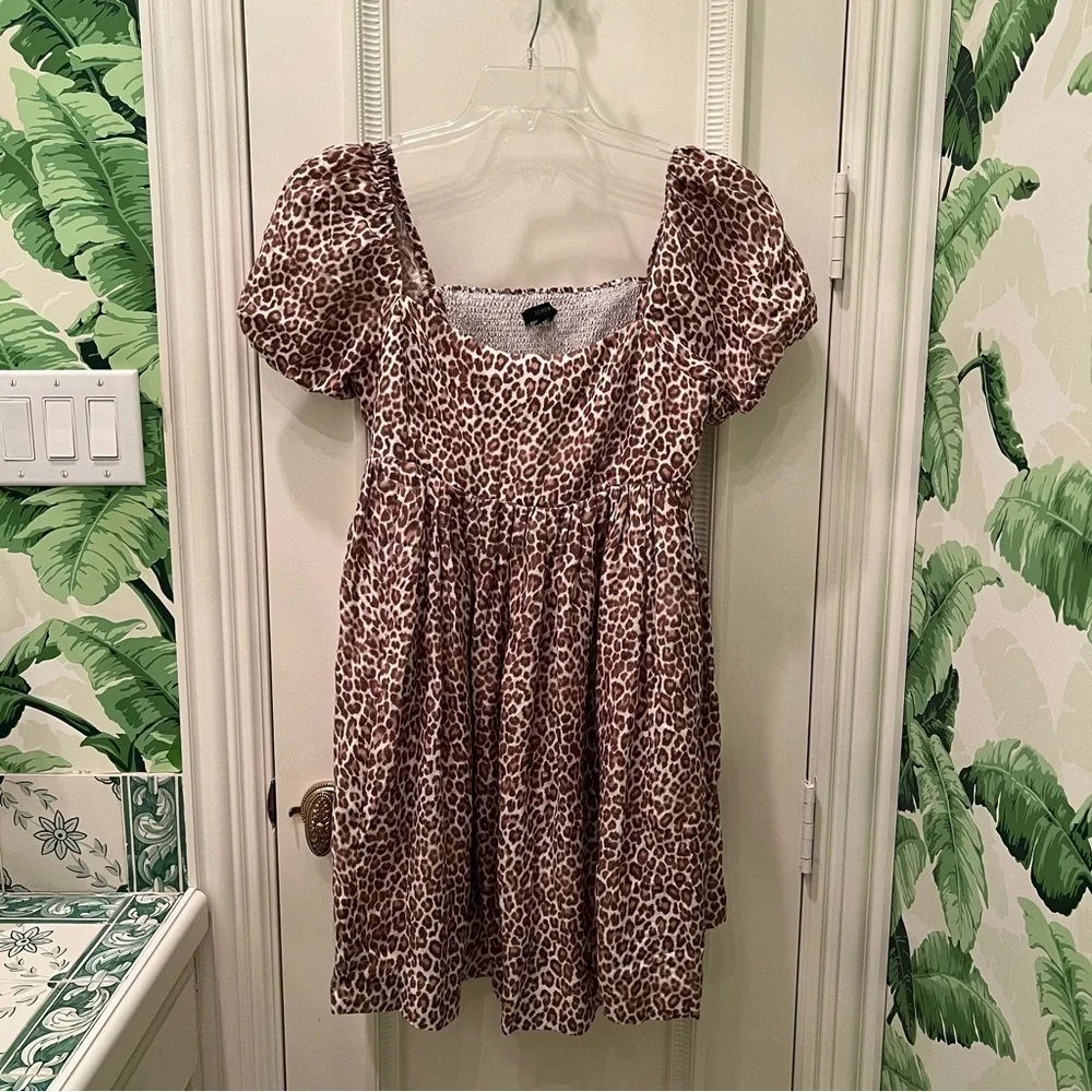 J. Crew Puff Sleeve Linen-Cupro Leopard Print Mini Dress Size 12